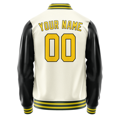 Custom Cream Black Solid Color Varsity Letterman Jacket