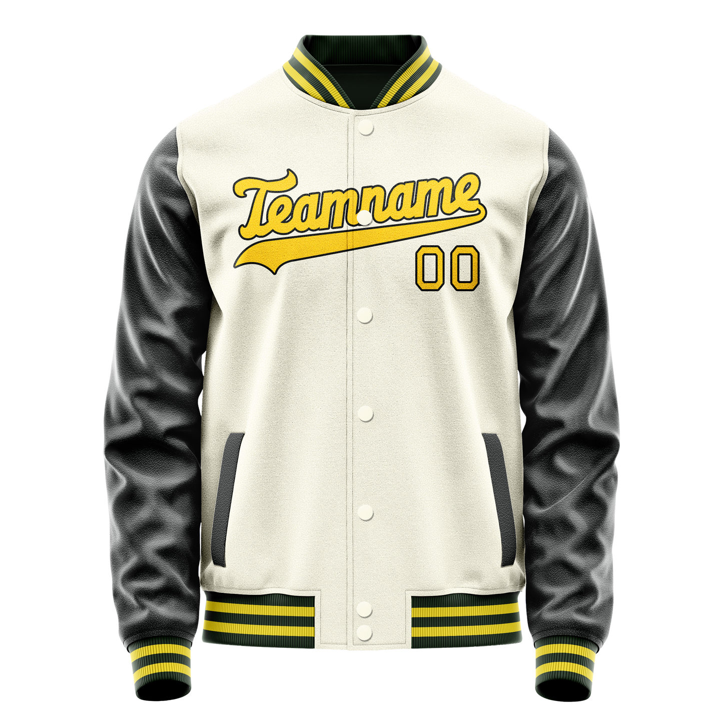 Custom Cream Black Solid Color Varsity Letterman Jacket