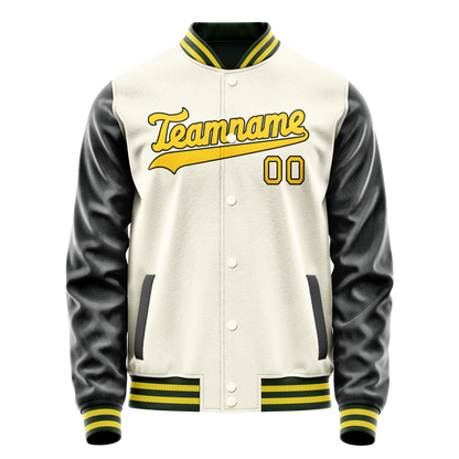 Custom Cream Black Solid Color Varsity Letterman Jacket