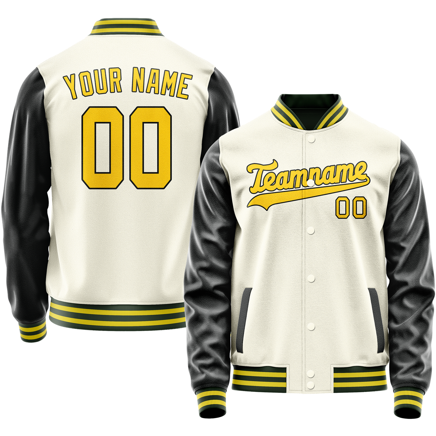 Custom Cream Black Solid Color Varsity Letterman Jacket