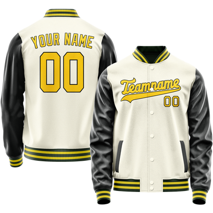Custom Cream Black Solid Color Varsity Letterman Jacket
