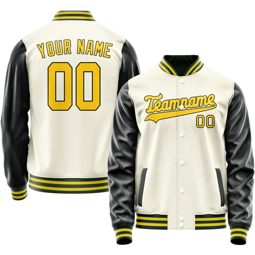 Custom Cream Black Solid Color Varsity Letterman Jacket