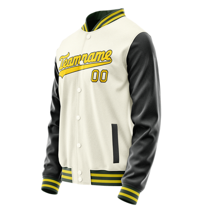 Custom Cream Black Solid Color Varsity Letterman Jacket