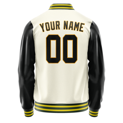 Custom Cream Black Solid Color Varsity Letterman Jacket