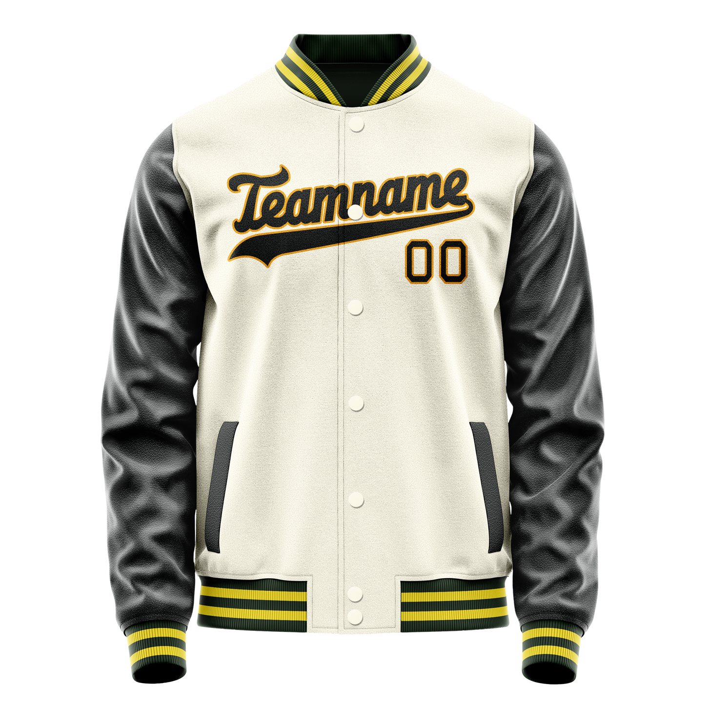 Custom Cream Black Solid Color Varsity Letterman Jacket