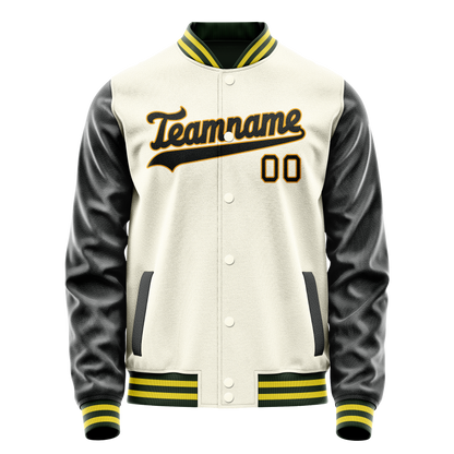 Custom Cream Black Solid Color Varsity Letterman Jacket