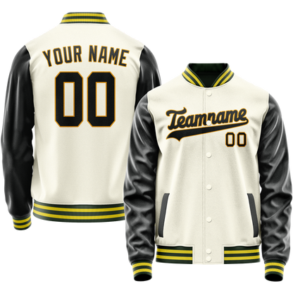 Custom Cream Black Solid Color Varsity Letterman Jacket
