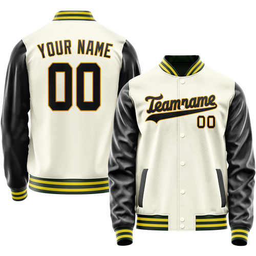 Custom Cream Black Solid Color Varsity Letterman Jacket