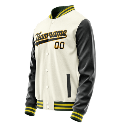 Custom Cream Black Solid Color Varsity Letterman Jacket