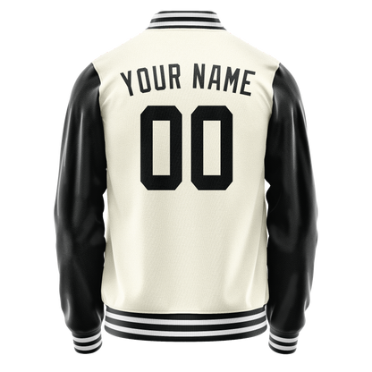 Custom Cream Black Solid Color Varsity Letterman Jacket