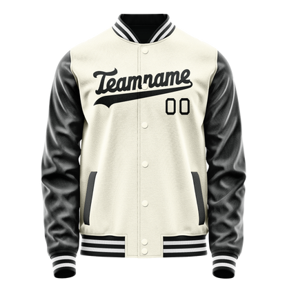 Custom Cream Black Solid Color Varsity Letterman Jacket