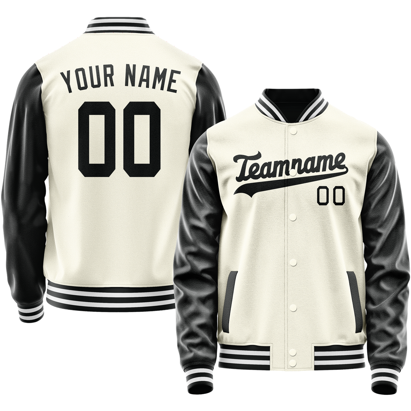 Custom Cream Black Solid Color Varsity Letterman Jacket