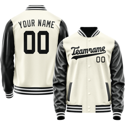 Custom Cream Black Solid Color Varsity Letterman Jacket