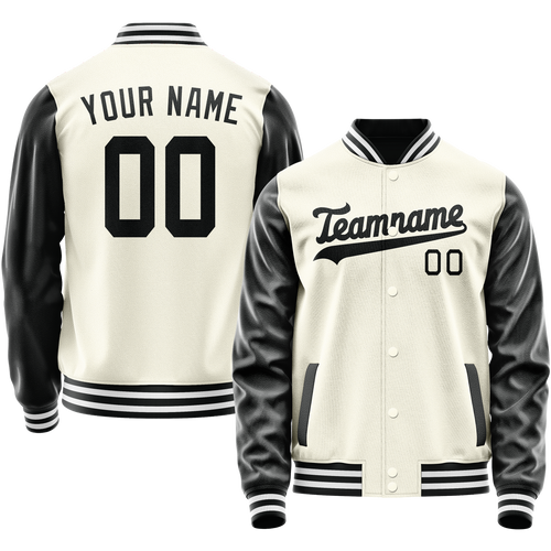 Custom Cream Black Solid Color Varsity Letterman Jacket