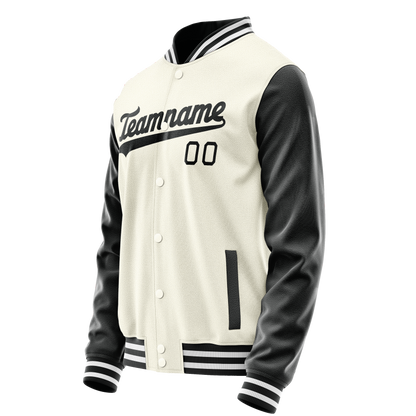 Custom Cream Black Solid Color Varsity Letterman Jacket
