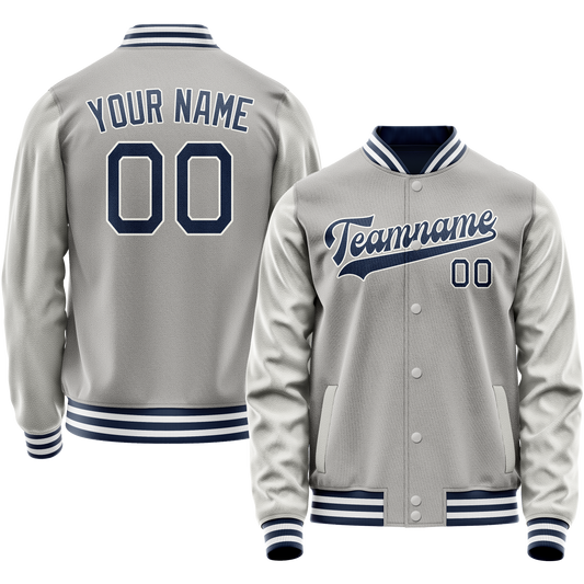 Custom Gray Navy Solid Color Varsity Letterman Jacket