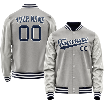 Custom Gray Navy Solid Color Varsity Letterman Jacket