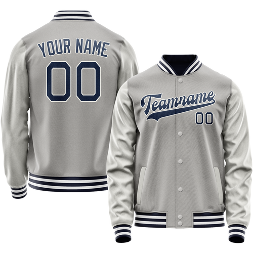 Custom Gray Navy Solid Color Varsity Letterman Jacket