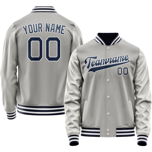 Custom Gray Navy Solid Color Varsity Letterman Jacket