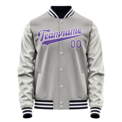 Custom Gray Purple Solid Color Varsity Letterman Jacket