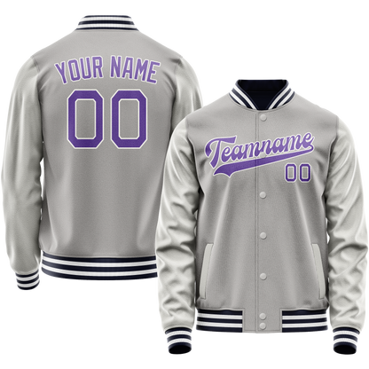 Custom Gray Purple Solid Color Varsity Letterman Jacket