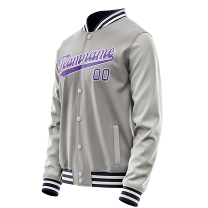 Custom Gray Purple Solid Color Varsity Letterman Jacket