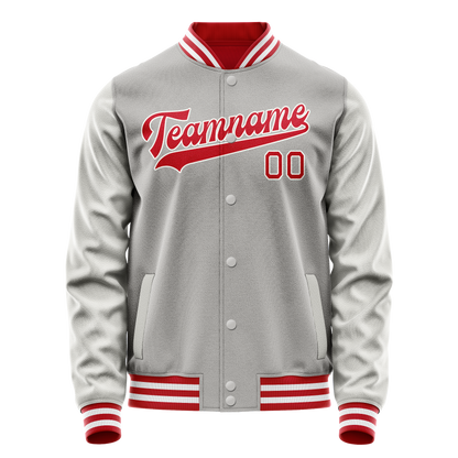 Custom Gray Red Solid Color Varsity Letterman Jacket