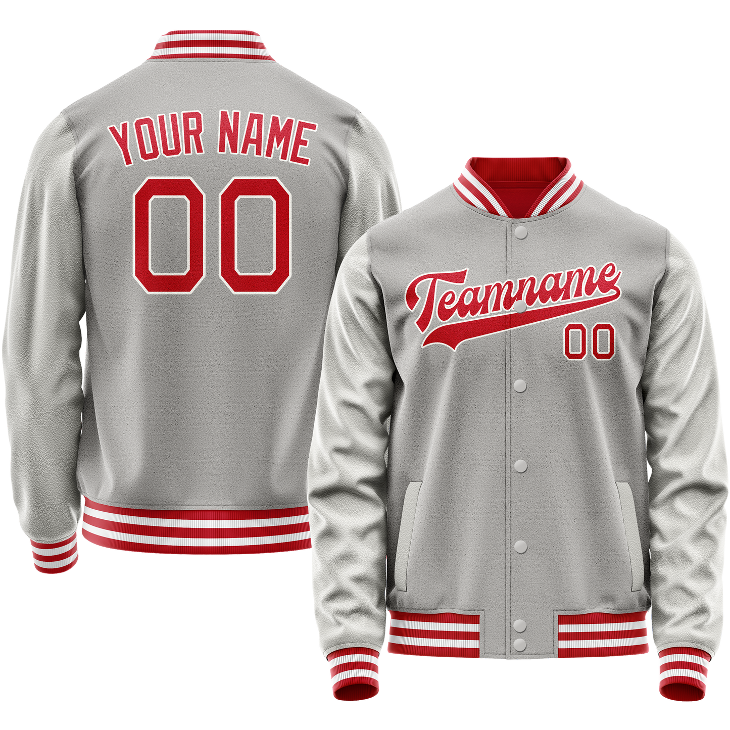 Custom Gray Red Solid Color Varsity Letterman Jacket