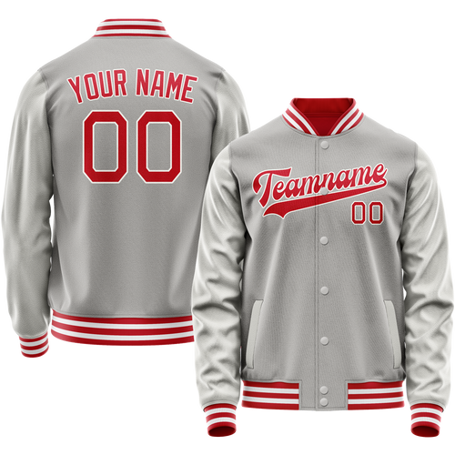 Custom Gray Red Solid Color Varsity Letterman Jacket