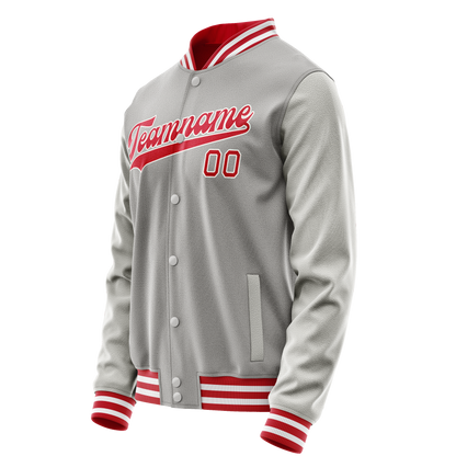 Custom Gray Red Solid Color Varsity Letterman Jacket