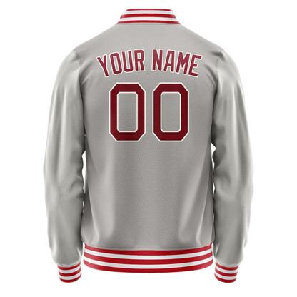 Custom Gray Red Solid Color Varsity Letterman Jacket