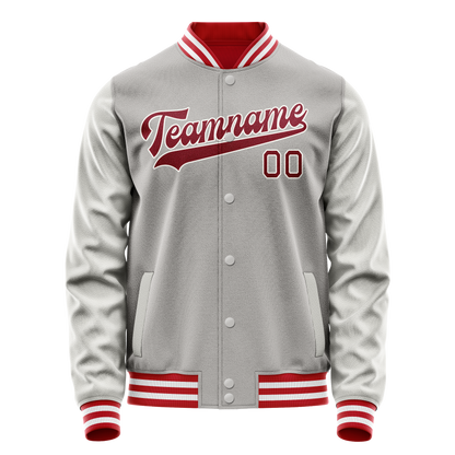 Custom Gray Red Solid Color Varsity Letterman Jacket