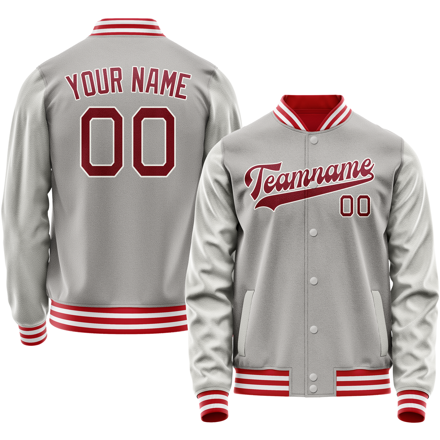 Custom Gray Red Solid Color Varsity Letterman Jacket