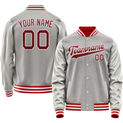 Custom Gray Red Solid Color Varsity Letterman Jacket