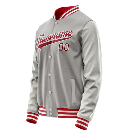 Custom Gray Red Solid Color Varsity Letterman Jacket