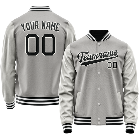 Custom Gray Black Solid Color Varsity Letterman Jacket