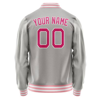 Custom Gray Pink Solid Color Varsity Letterman Jacket