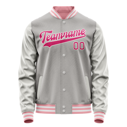 Custom Gray Pink Solid Color Varsity Letterman Jacket