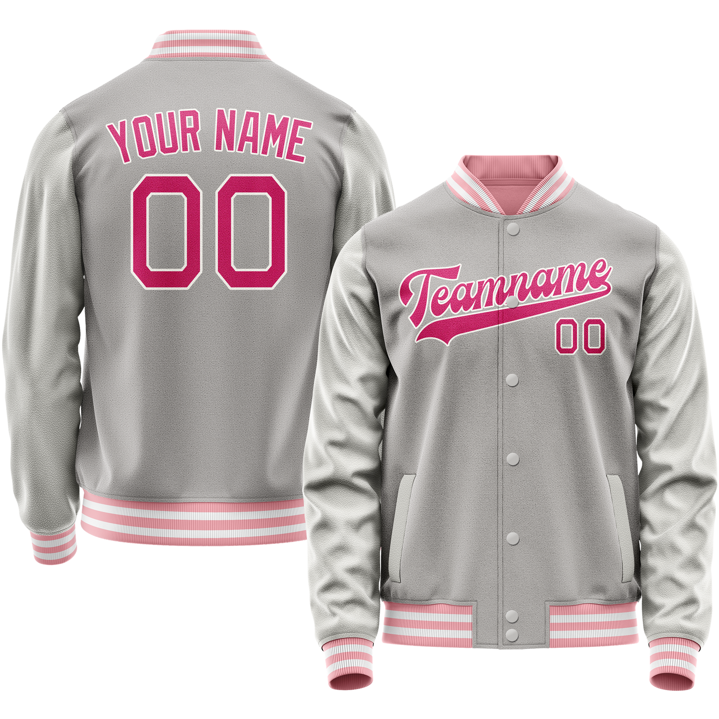 Custom Gray Pink Solid Color Varsity Letterman Jacket
