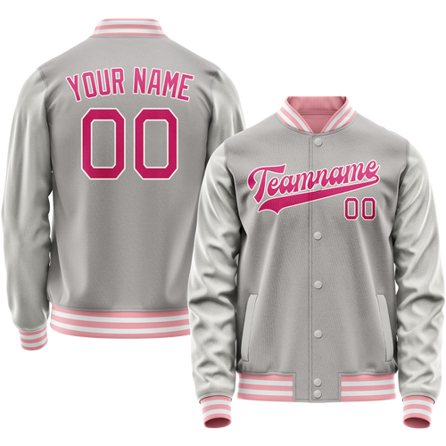 Custom Gray Pink Solid Color Varsity Letterman Jacket