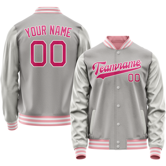 Custom Gray Pink Solid Color Varsity Letterman Jacket