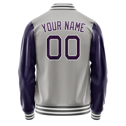 Custom Gray Purple Solid Color Varsity Letterman Jacket