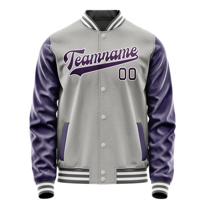 Custom Gray Purple Solid Color Varsity Letterman Jacket