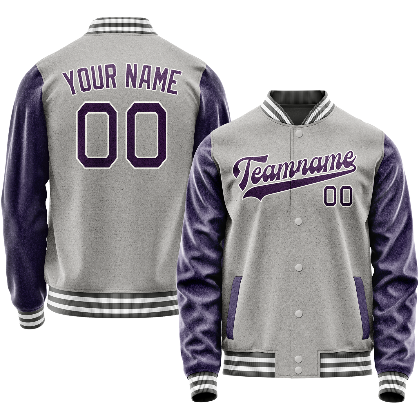 Custom Gray Purple Solid Color Varsity Letterman Jacket