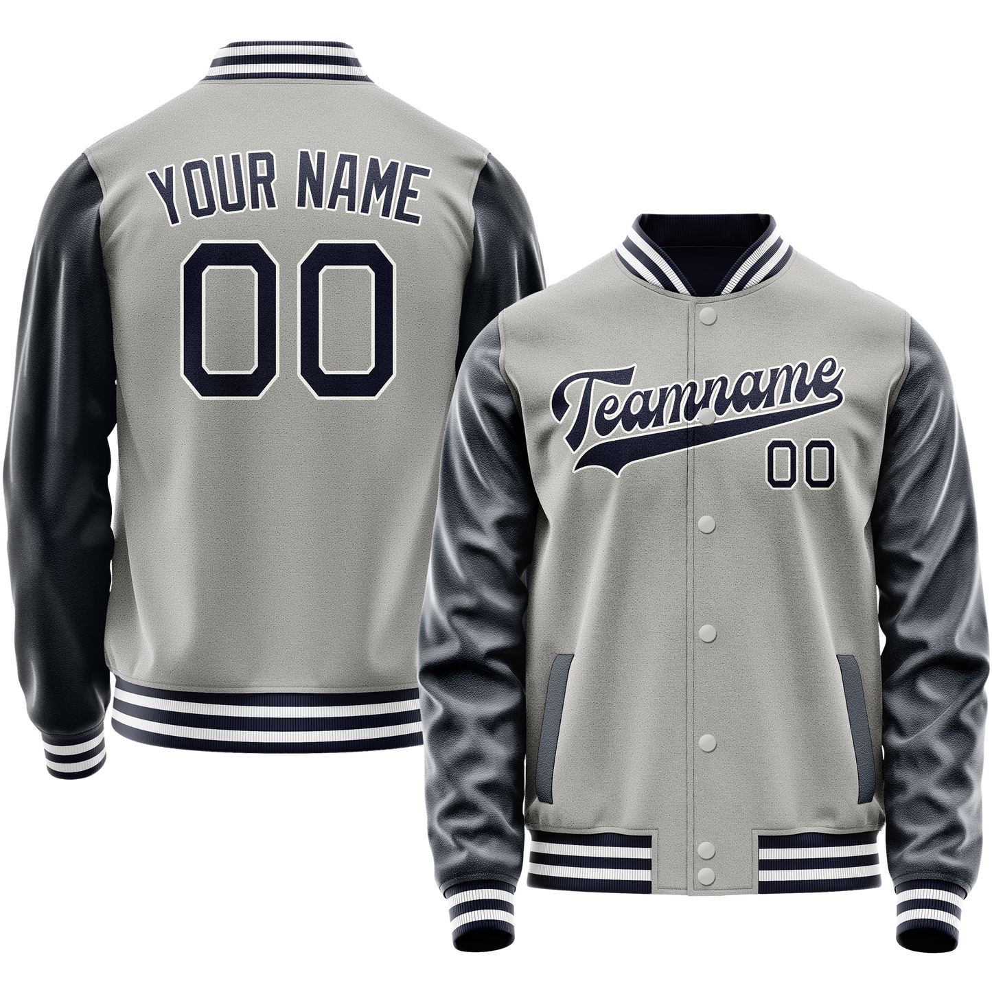 Custom Gray Navy Solid Color Varsity Letterman Jacket