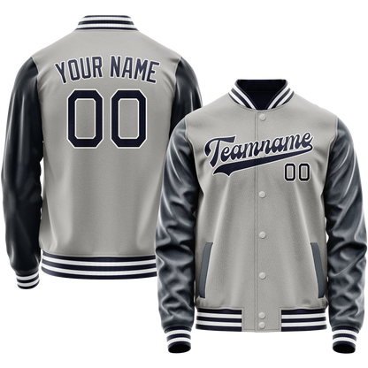 Custom Gray Navy Solid Color Varsity Letterman Jacket