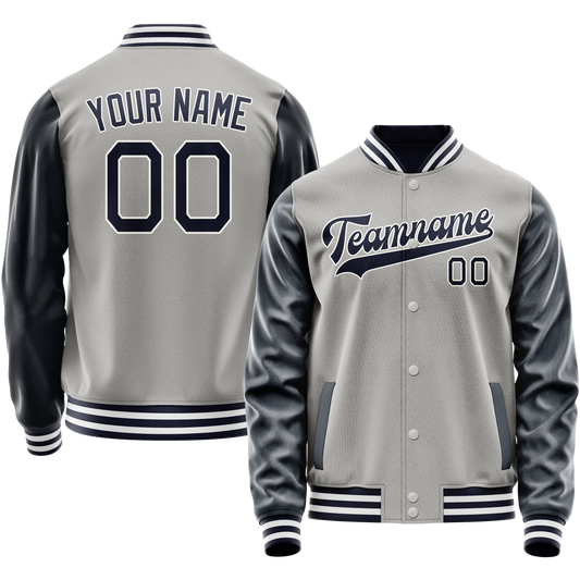 Custom Gray Navy Solid Color Varsity Letterman Jacket