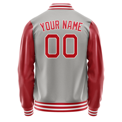 Custom Gray Red Solid Color Varsity Letterman Jacket