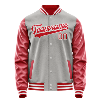 Custom Gray Red Solid Color Varsity Letterman Jacket