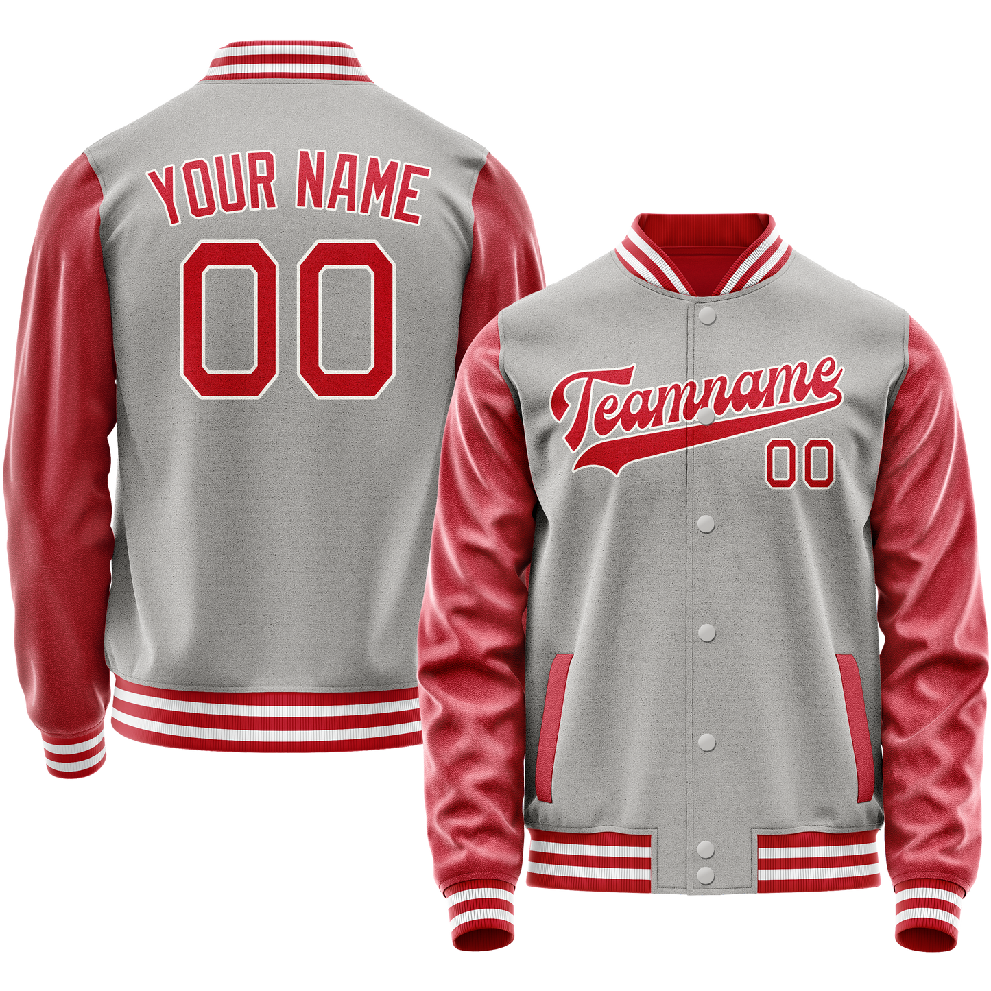 Custom Gray Red Solid Color Varsity Letterman Jacket